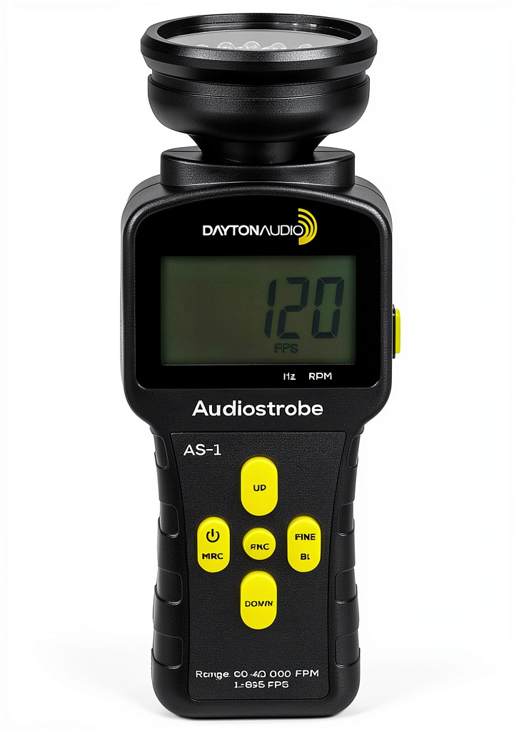 Dayton Audio AS-1 Sound Level Meter in use during speaker calibration in dim home theater environment