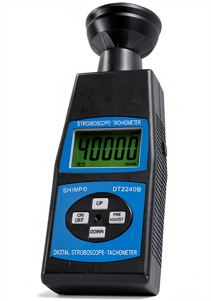 Shimpo ST-1000 stroboscope displaying flash rate controls on a workbench