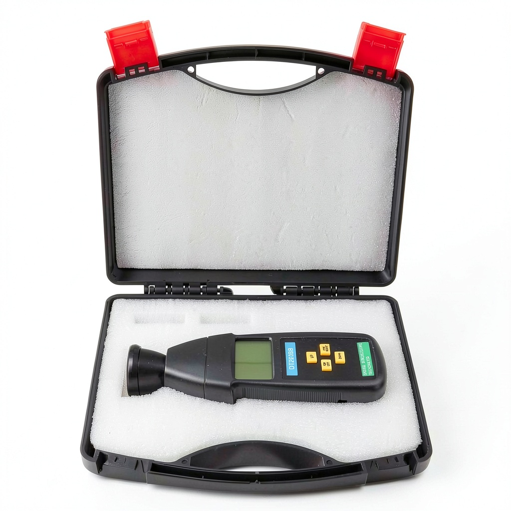 Qionia stroboscope tachometer with LCD display in industrial setting